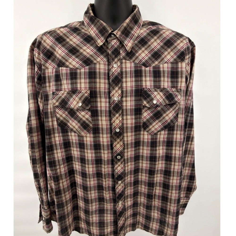 Wrangler Wrancher Men's 2XL Long Sleeve Western Shirt Brown Plaid Pearl Snap
